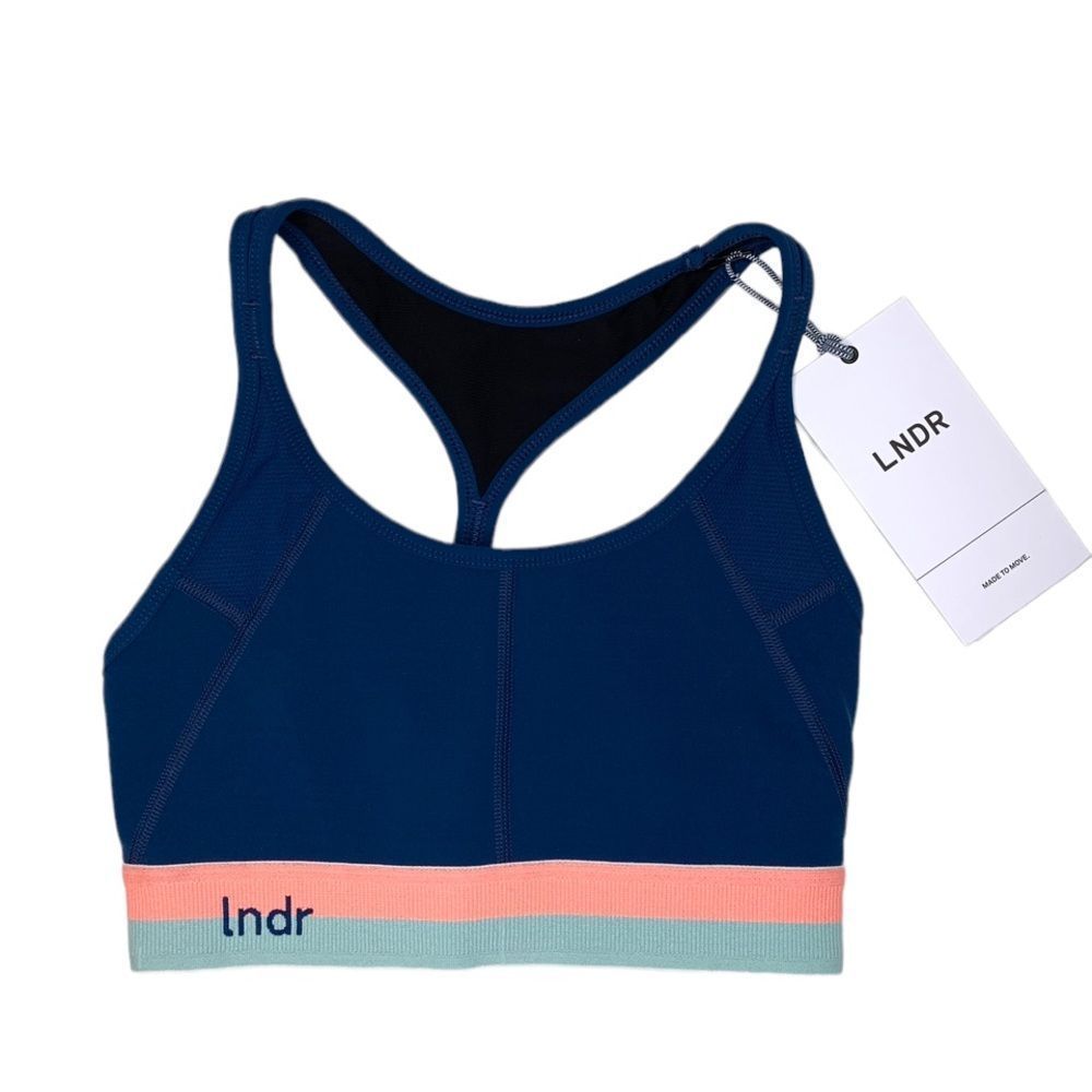LNDR Navy Racerback Sports Bra with Coral & Mint Band